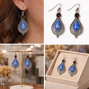 💙❤️Blue Stone & Garnet Drop Earrings | Silver Tone Teardrop Dangle🩶